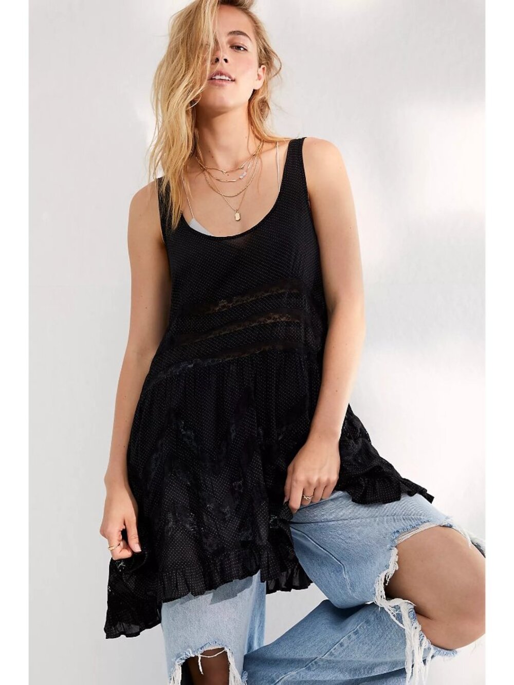 Free People Black Polka Dot Voile & Lace Slip Dress M | Fairy Grunge Whimsigoth